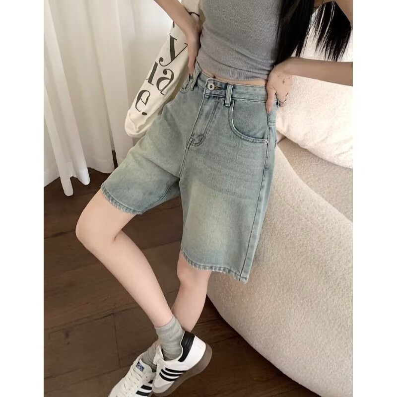 Retro Cool Girl Simple Jeans Trendy Nostalgic Washed Straight Pants High Waist Slimming Wide Leg Shorts