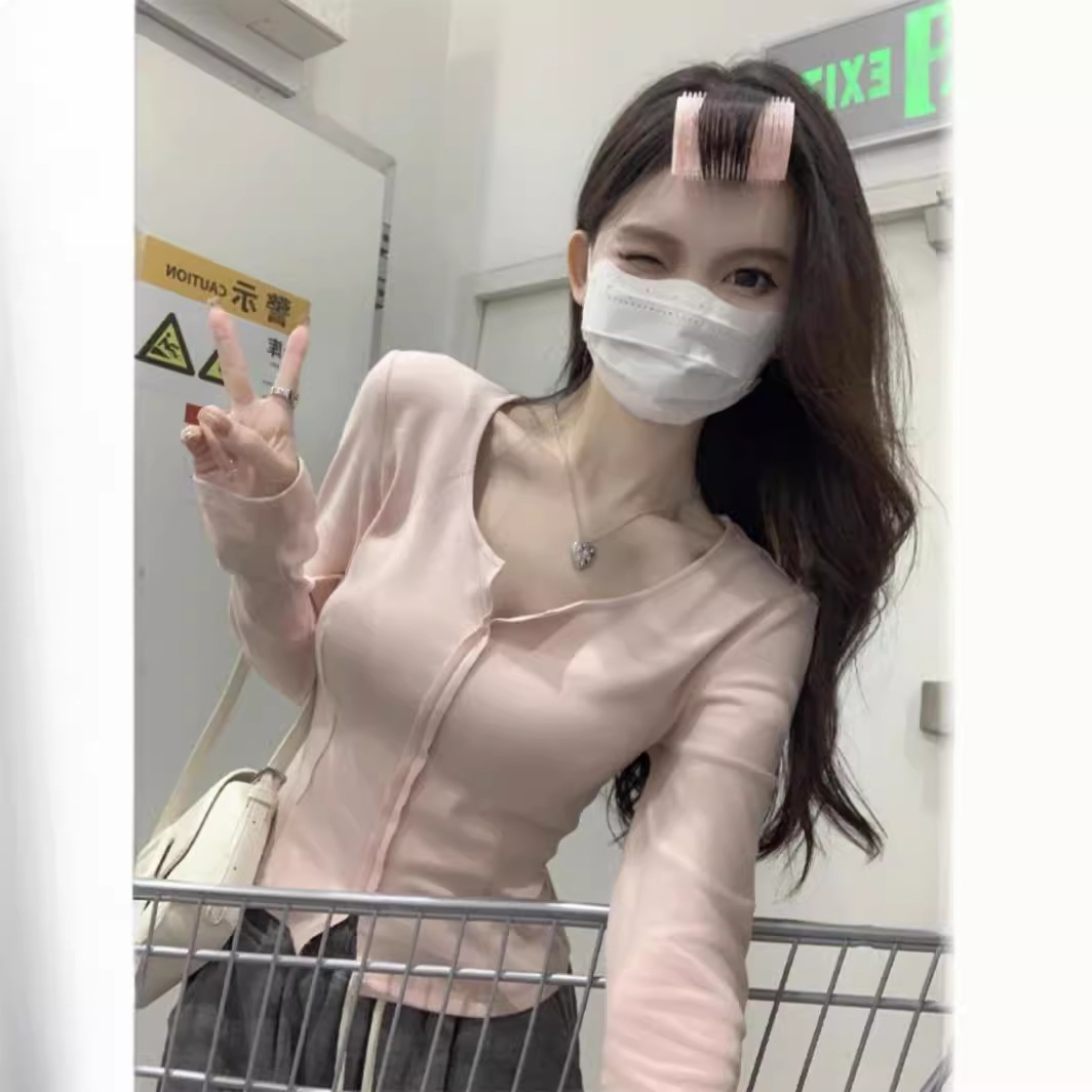 V-Neck Long-Sleeved Shoulder T-Shirt Women's Autumn Pure Wind Irregular Short Sweet Hot Top Slim-Fit Slimming Inner Base Shirt