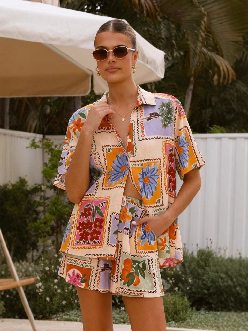 Europe and the United States cross-border 2025 new AliExpress independent station fashion printing casual Joker shirt cardigan shorts suit