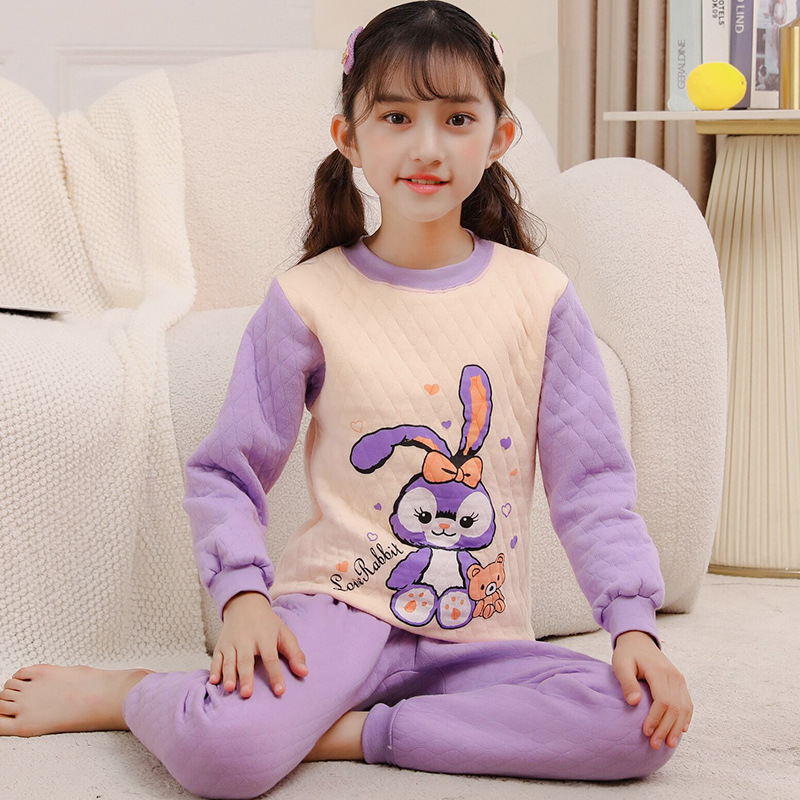 Picture of Winter new children's underwear quilted three-layer warm thickened suit half collar children's hollow cotton autumn clothes long pants
