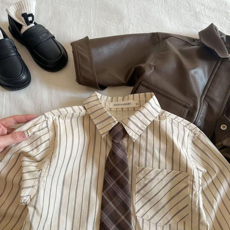 Picture of Children's Long Sleeve Shirt Academy Style 2024 Spring Korean Style Fashion Striped Western Style Casual Tie Shirt for Boys and Girls