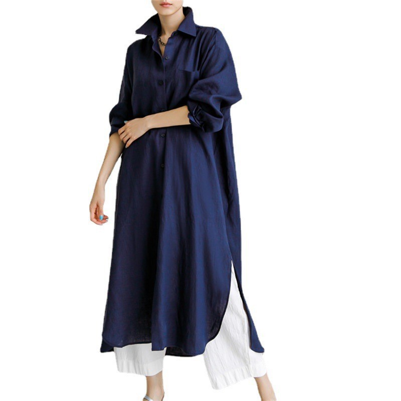 Ready Stock Loose Large Size Shirt Dress over the Knee Long Cardigan Cotton and Linen Bottoming Shirt Elegant Long Sleeves