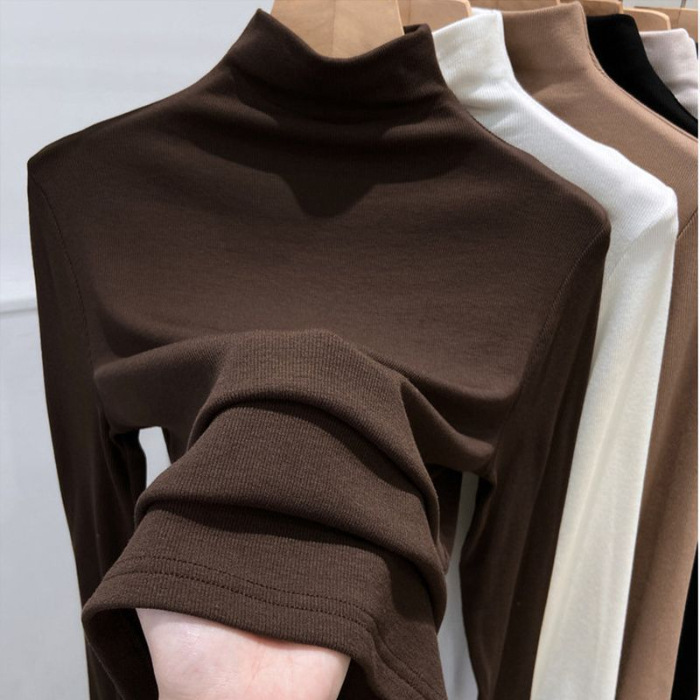 Picture of 180g Threaded Semi-high Collar Base Shirt Women's New Spring Autumn and Winter Fashion Long Sleeve T-shirt Slim Fit Velvet Inner Top