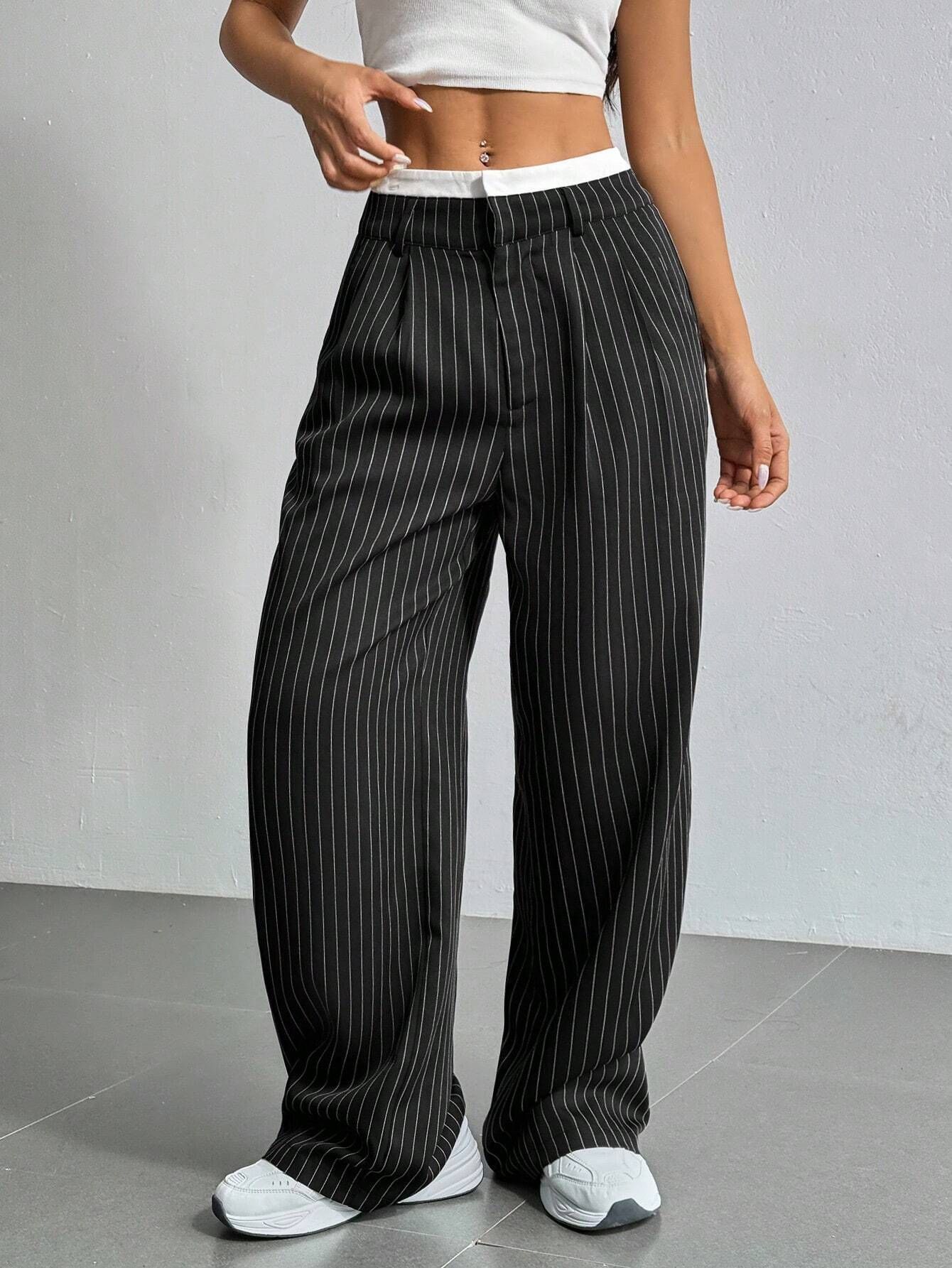 Picture of 2025 Spring and Summer New Cross-border Design Sense Pants Casual High Waist Stitching Pants Simple Dosing Sense Loose Straight Leg Pants
