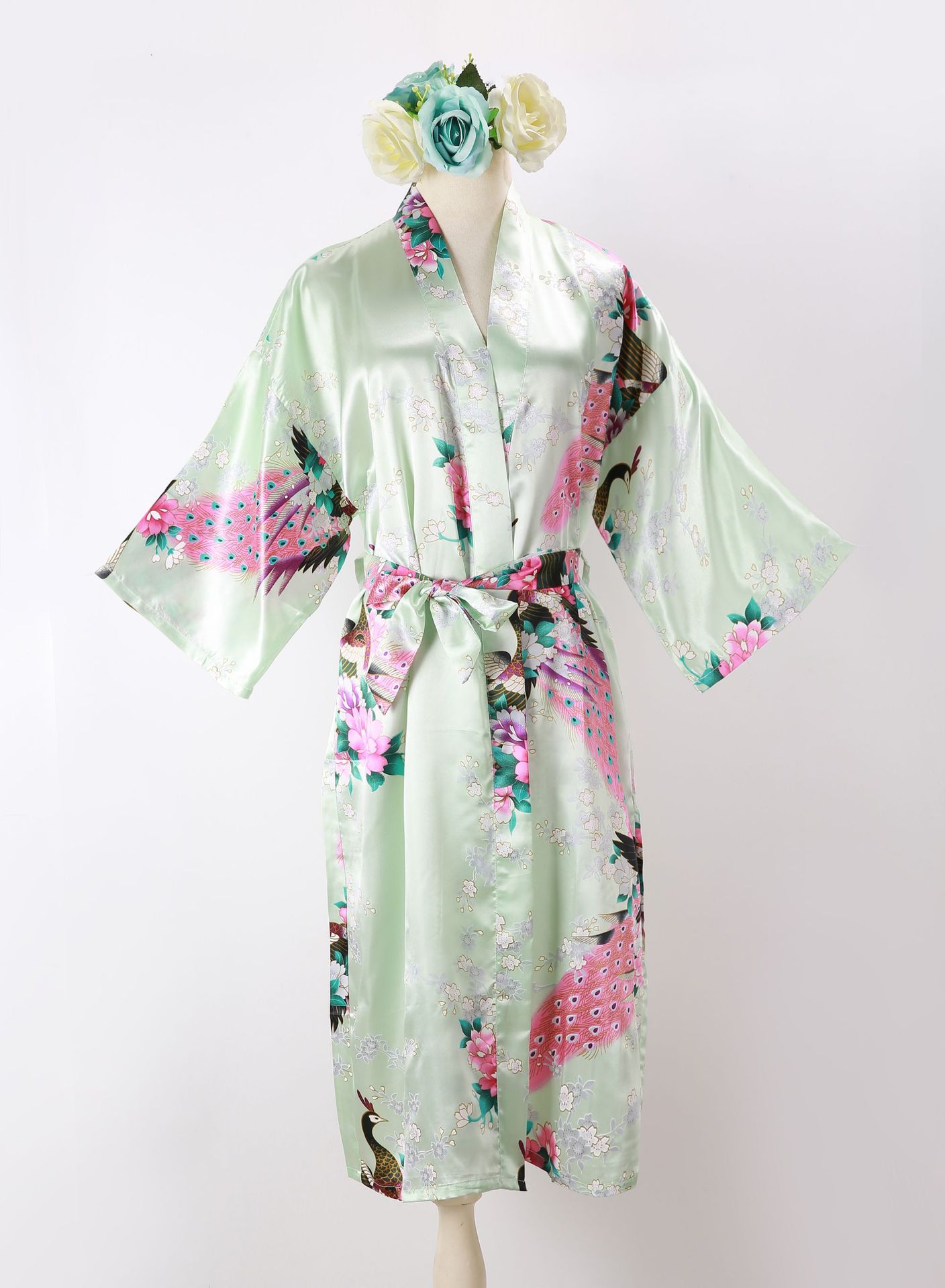 Picture of Women's Sexy Long Pajamas Summer Kimono Robe Thin Peacock Print Bathrobe Imitation Silk Kimono Nightgown Foreign Trade