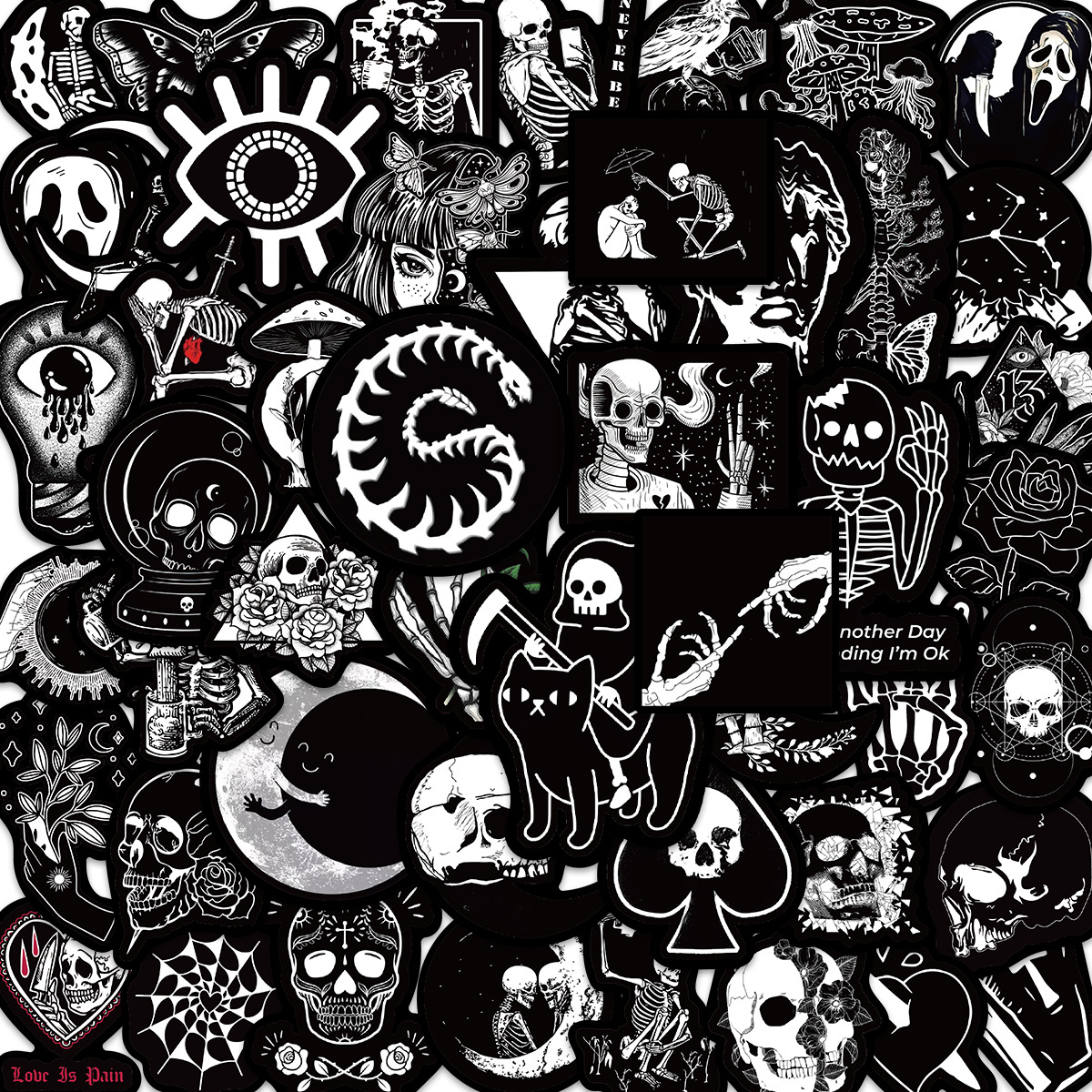 Picture of 50 black-edged dark Gothic graffiti stickers decorative guitar notes luggage DIY waterproof non-infringement cross-border