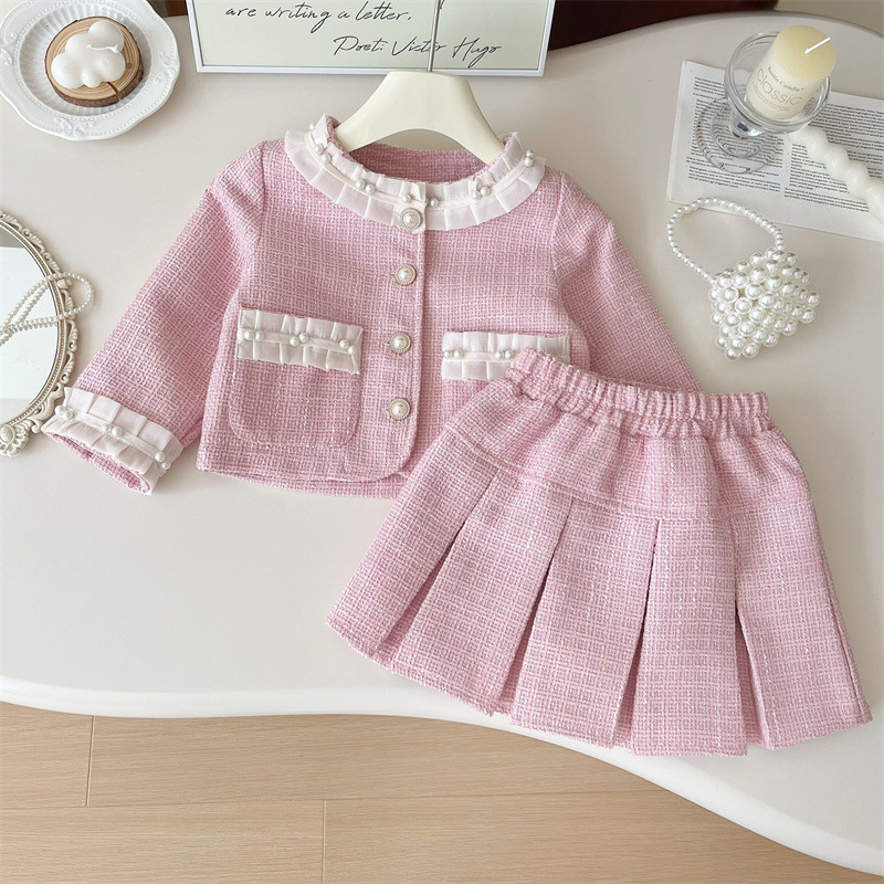[Ready Stock] Girls Fashionable Lady Little Fragrance Style Skirt Suit 2025 Autumn New Korean Style Small Fragrance Jacket Pink