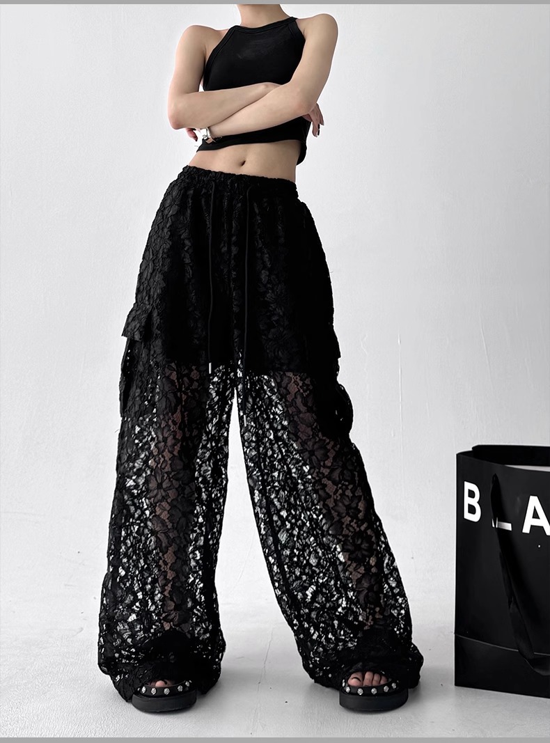 2025 Summer Black Casual Pants for Women, Versatile Design, Splicing, Hollow Lace, High-End Straight Wide Legs