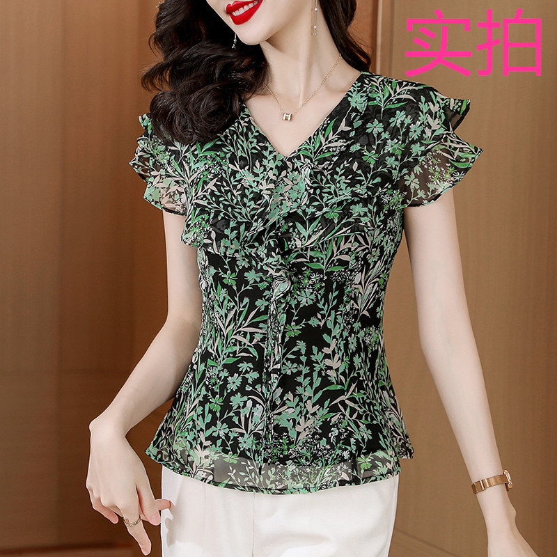 Picture of European Station 2025 Summer Printed Chiffon Shirt Top Women's Ruffled Slim-looking Flesh-covering Base Shirt Chic Shirt