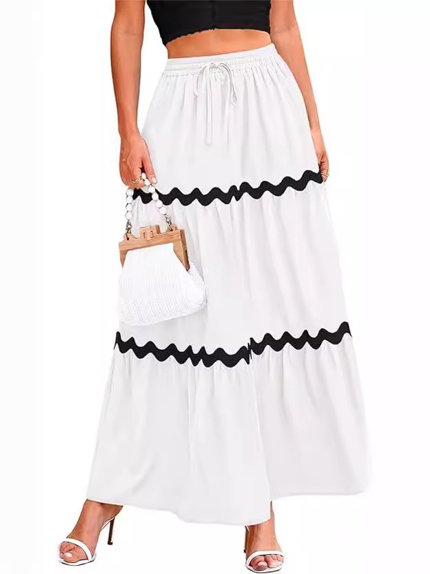 Amazon Cross-border 2024 Women's Summer Bohemian High Waist Casual Long Dress A- line Elegant Skirt Pocket