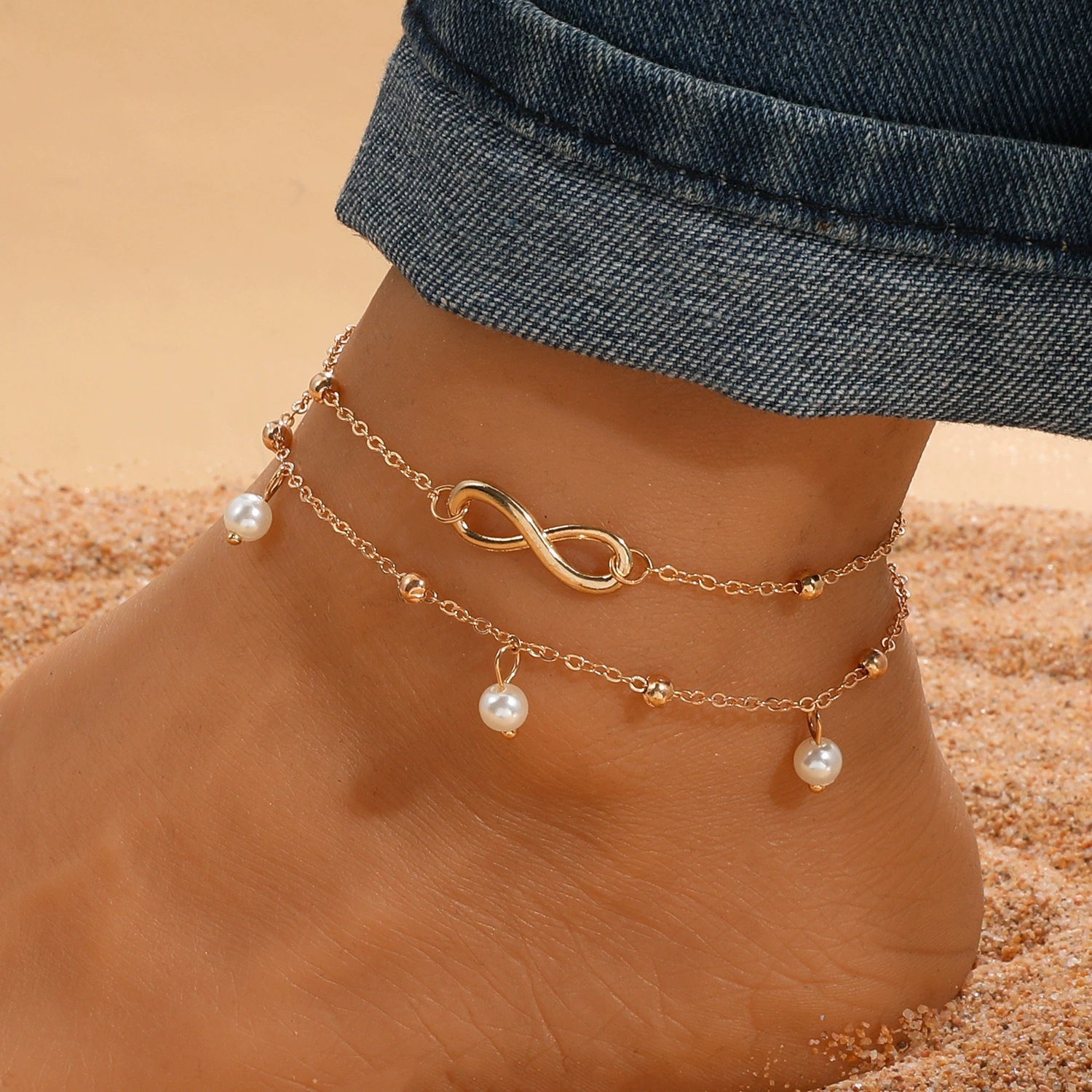 Picture of European and American Cross-border Retro Infinite 8-character Symbol Ring Buckle Korean Exquisite Anklet Distinctive Diamond-encrusted Beach Anklet for Women