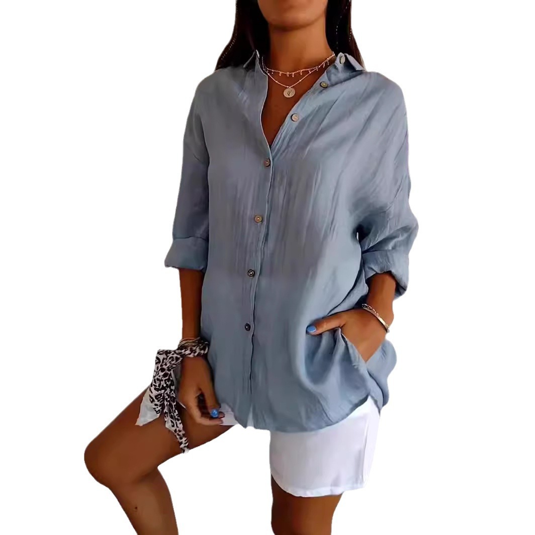 Picture of 2024 New Single-breasted Pleated Lapel Shirt Independent Station Explosions Women's Solid Color European and American Sleeve Top