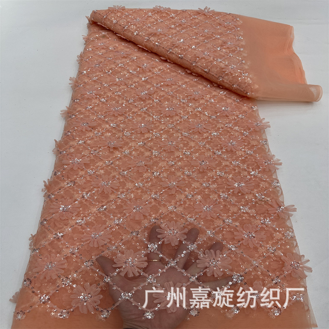 Beaded Three-dimensional Flower Embroidered Cloth High-grade Diamond Plaid Sequins Beaded Tube Wedding Dress Children's Dress Trailing Skirt Fabric