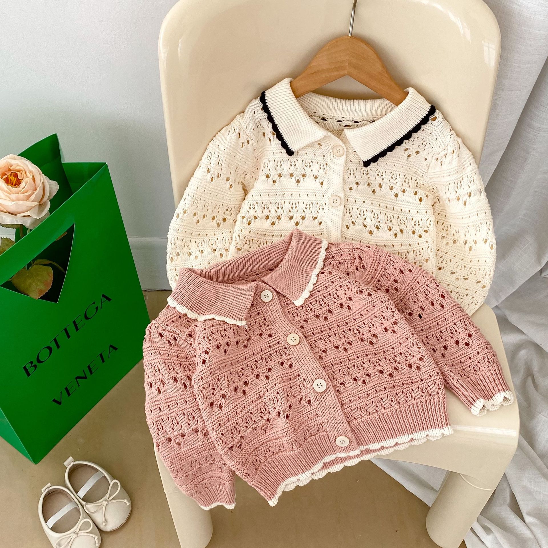Picture of 2025 Spring Girls' Stylish Long-Sleeve Cardigan Infant Little Chanel-Style Lapel Knitted Hollow Sweater Jacket