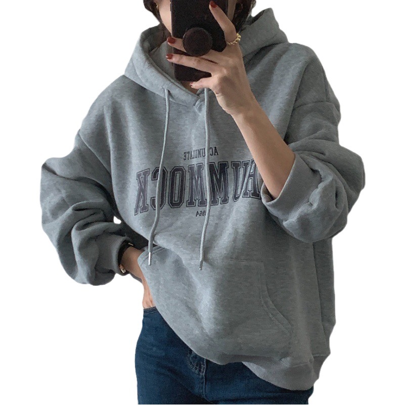 Fleece-lined hooded sweater women's autumn and winter New loose letter print Korean style fashionable student coat long sleeve top fashion