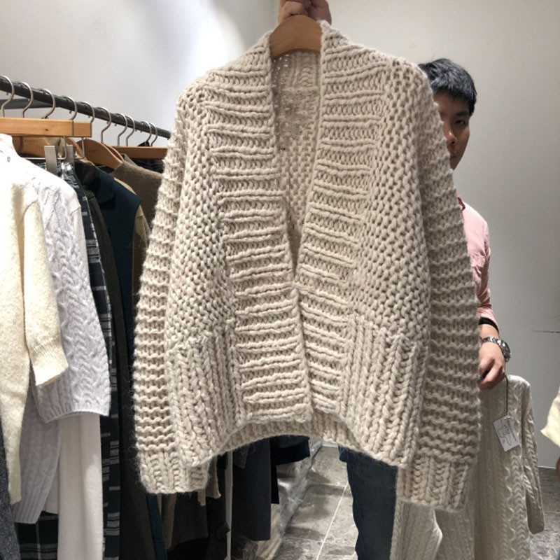 South Korea Dongdaemun 2023 Autumn and Winter Lazy Style Cardigan Thick Line Long Sleeve Collar Loose All-match Sweater Women's Trendy