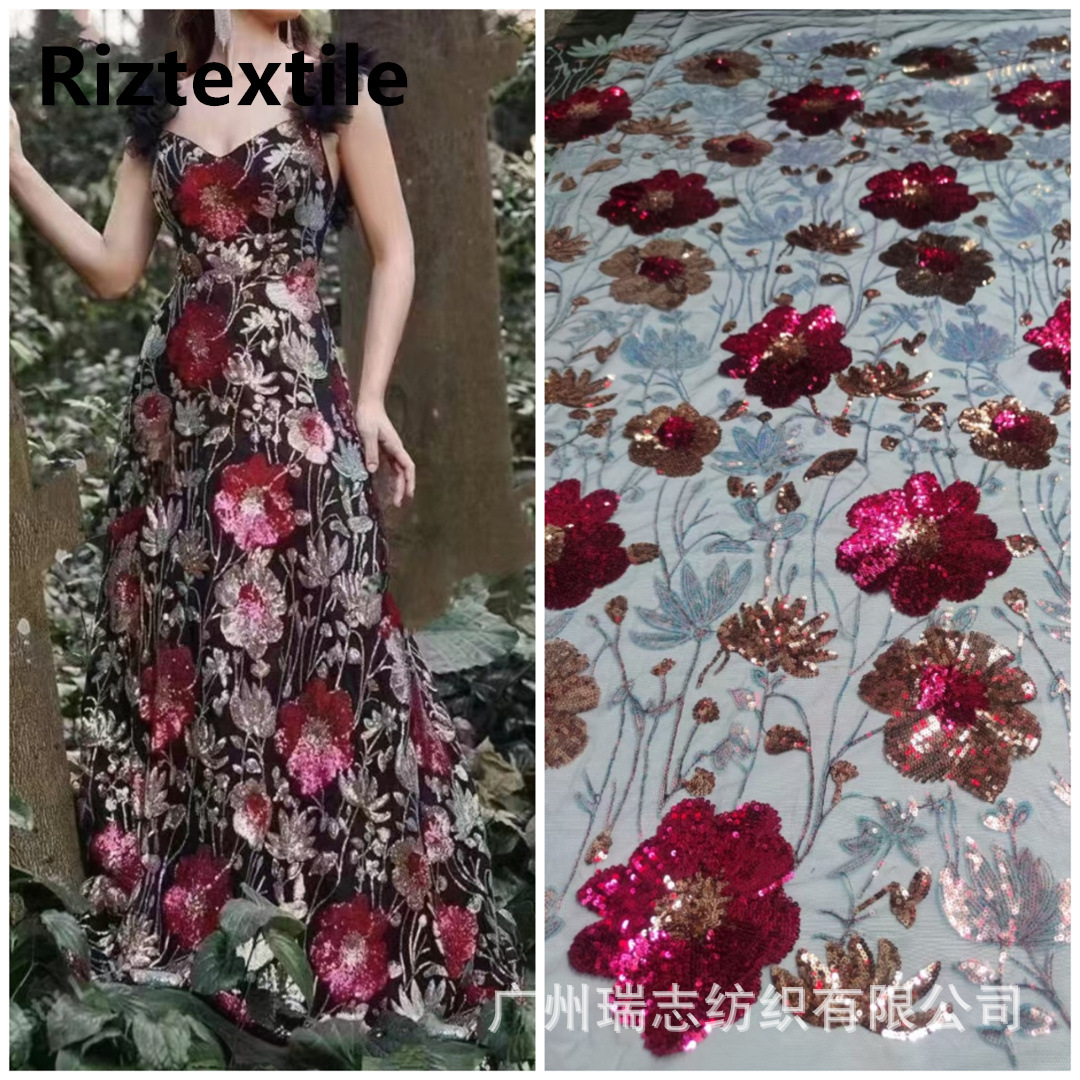 Cross-border New Products Full Edition Plant Flower Sequins Fantasy Mesh Lace Fabric European and American dress Dress Fabric