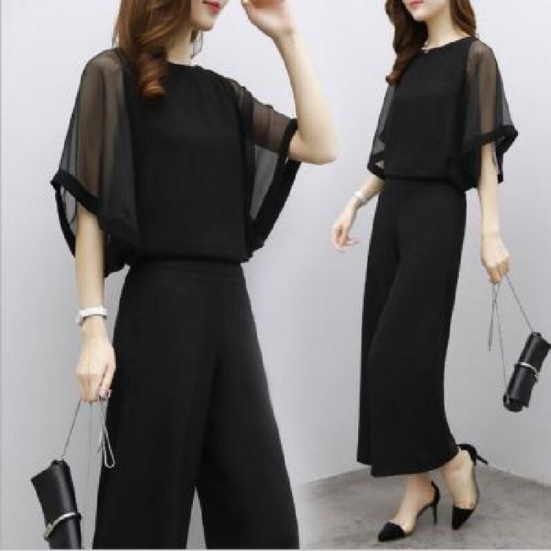 Picture of 2025 New Korean Style Women's Summer Fashion Temperament Socialite Two-Piece Chiffon Top High Waisted Wide Leg Pants Suit for Women
