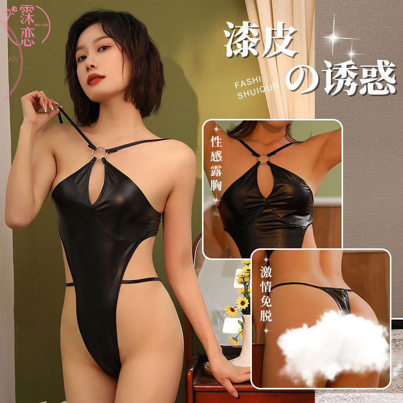 Mu Love Sexy Underwear Sexy Backless Neck Uniform Temptation Crotch Open Patent Leather Nightclub Performance Role Play