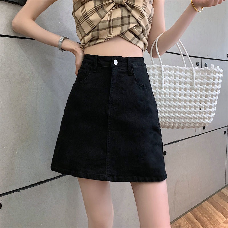Picture of Summer Korean-style ins Black Grey High Waist Small Denim Skirt Women's All-match Slimming Hip A- line Short Skirt Trendy