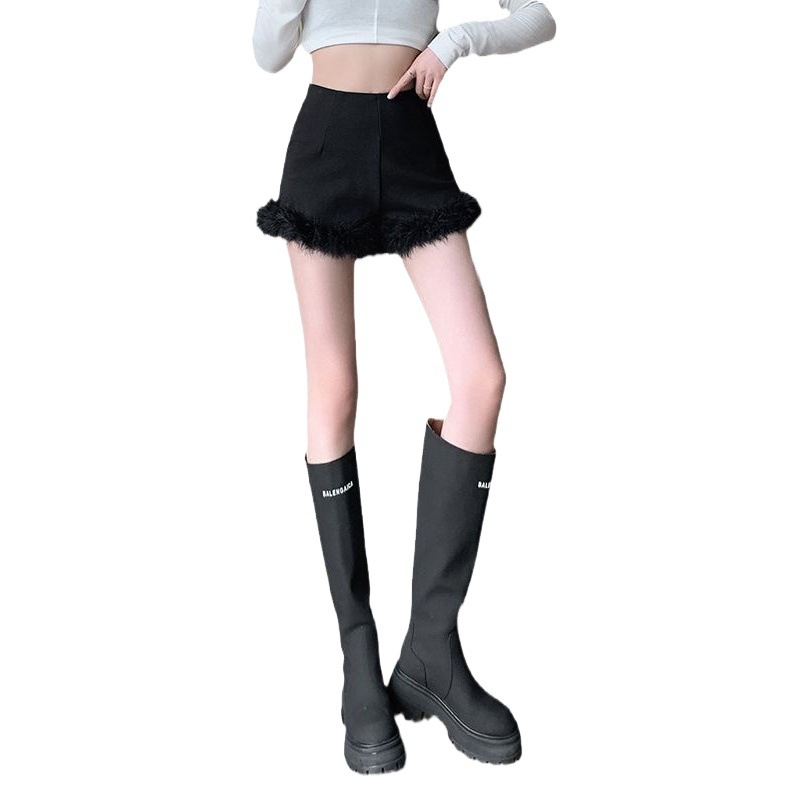 2023 black autumn and winter New Hot Girl high waist outer wear slim slimming Furry Shorts design pants bottoming boot pants