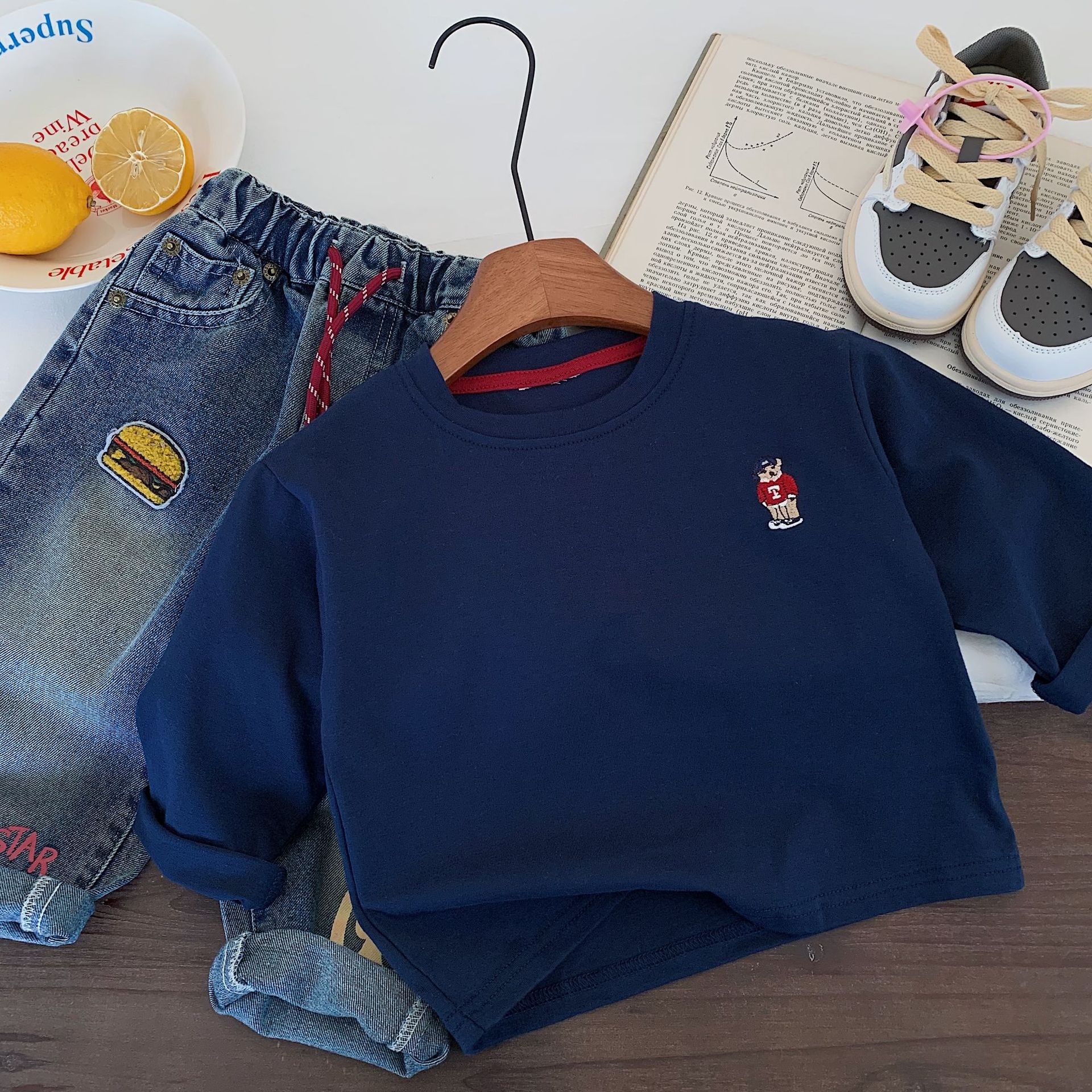 Picture of Children's T-Shirt 2025 New Autumn Striped Bear Base Shirt for Boys and Girls, Versatile Long-Sleeve Trendy Baby Top