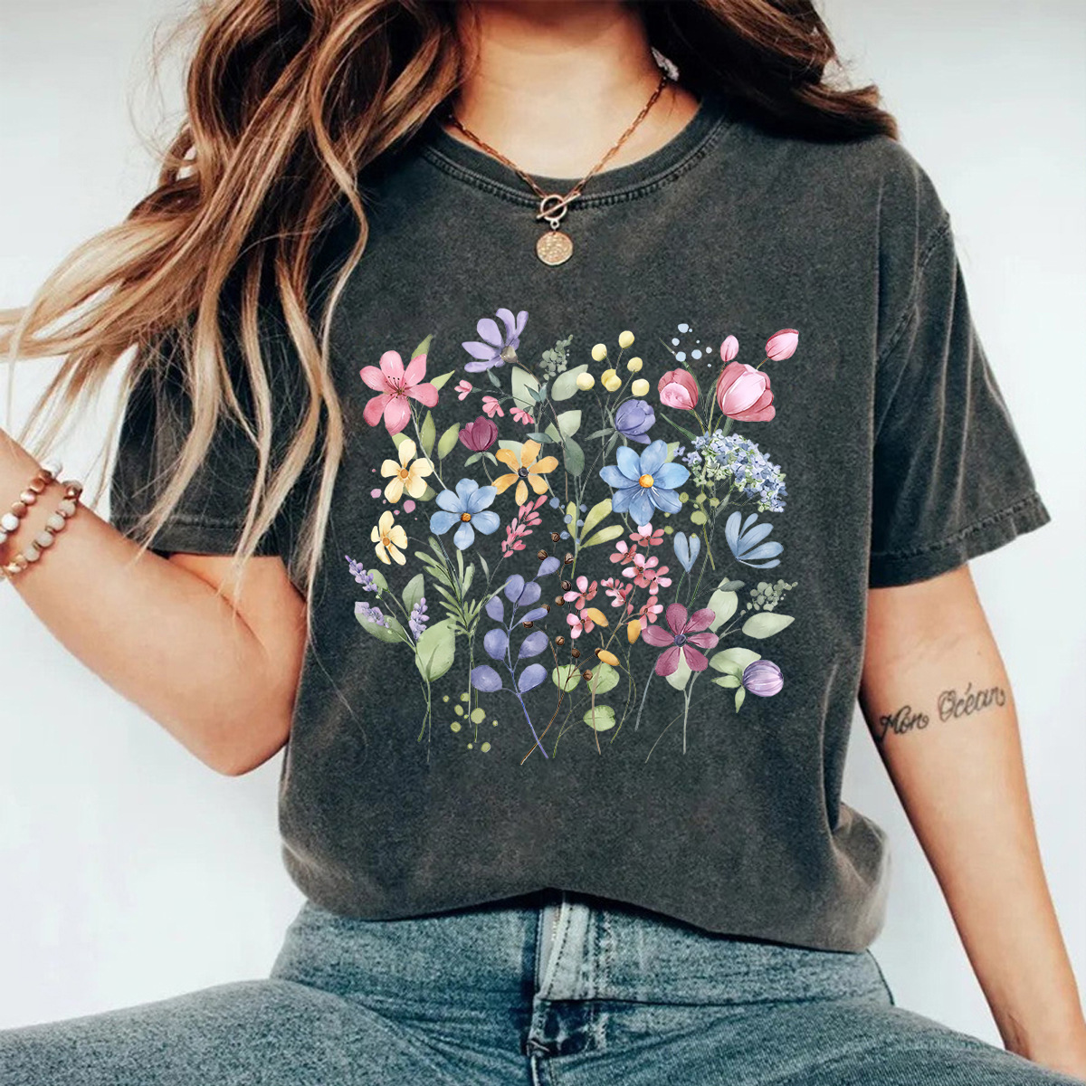 Picture of European and American Casual T-Shirt Pure Cotton Washed Old Floral Cross-Border Round Neck Short-Sleeved Ready-Made Tops for Women Export Orders