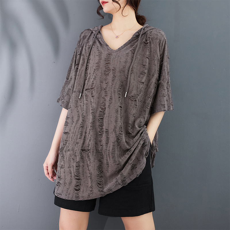 Picture of plus size Women's 2024 Summer New Loose Hooded Half-sleeved T-shirt chubby girl Covering Flesh Slimming Distinctive Rough Top