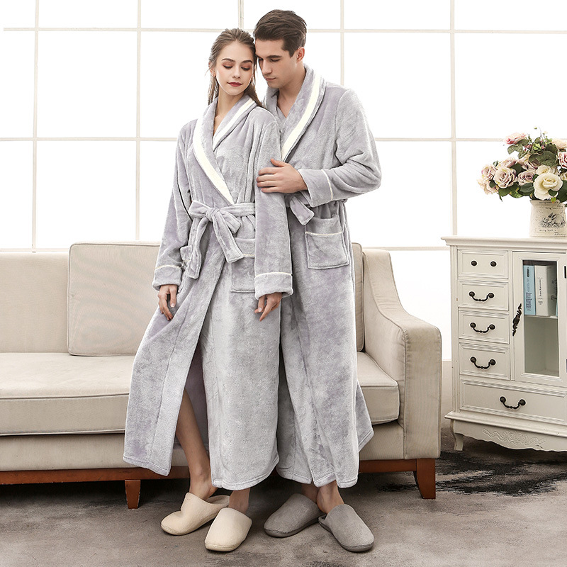 [1804 Upgrade] Autumn and Winter Contrast Lengthened Thickened Flannel Nightgown Men's Plus Size Coral Fleece Bathrobe
