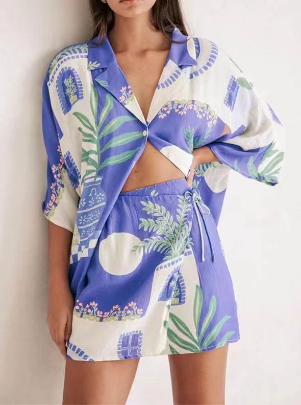 European and American Foreign Trade Cross-border Amazon Summer Fashion Lapel Graffiti Casual Shirt High Waist Lace-up Short Pants Skirt suit