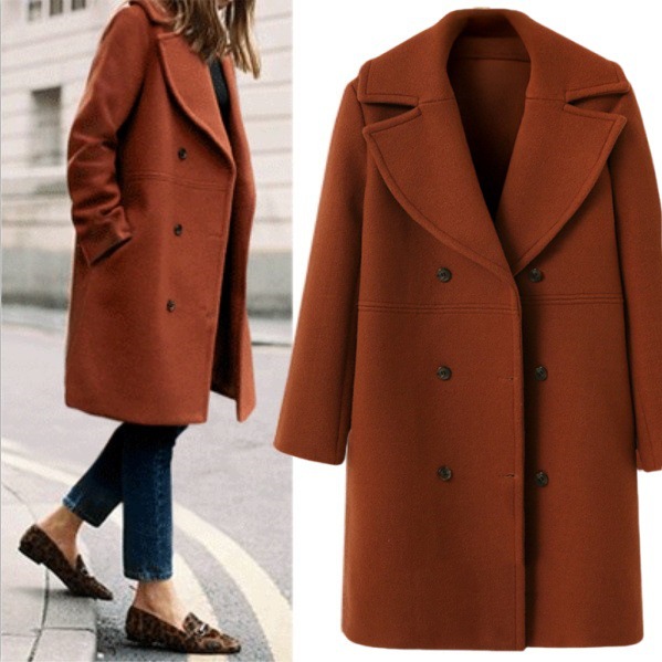 Picture of European and American autumn and winter plus size cross-border women's woolen coat women's double-breasted long windbreaker woolen coat wholesale