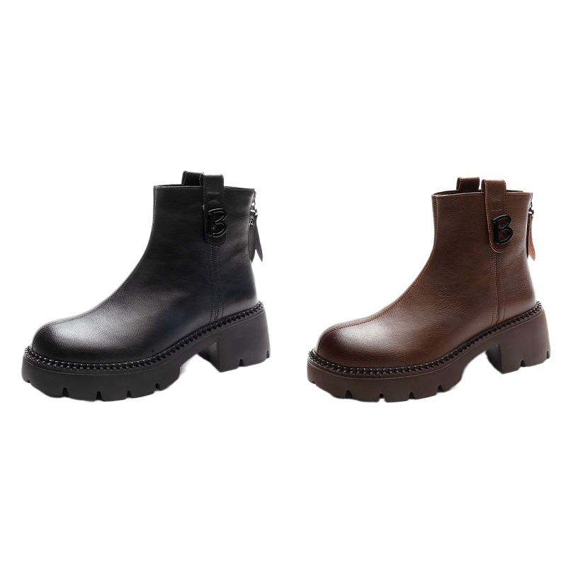 Autumn and Winter genuine leather Martin boots women's platform Chelsea Knight boots plus size Brown fleece-lined high heel short boots wholesale