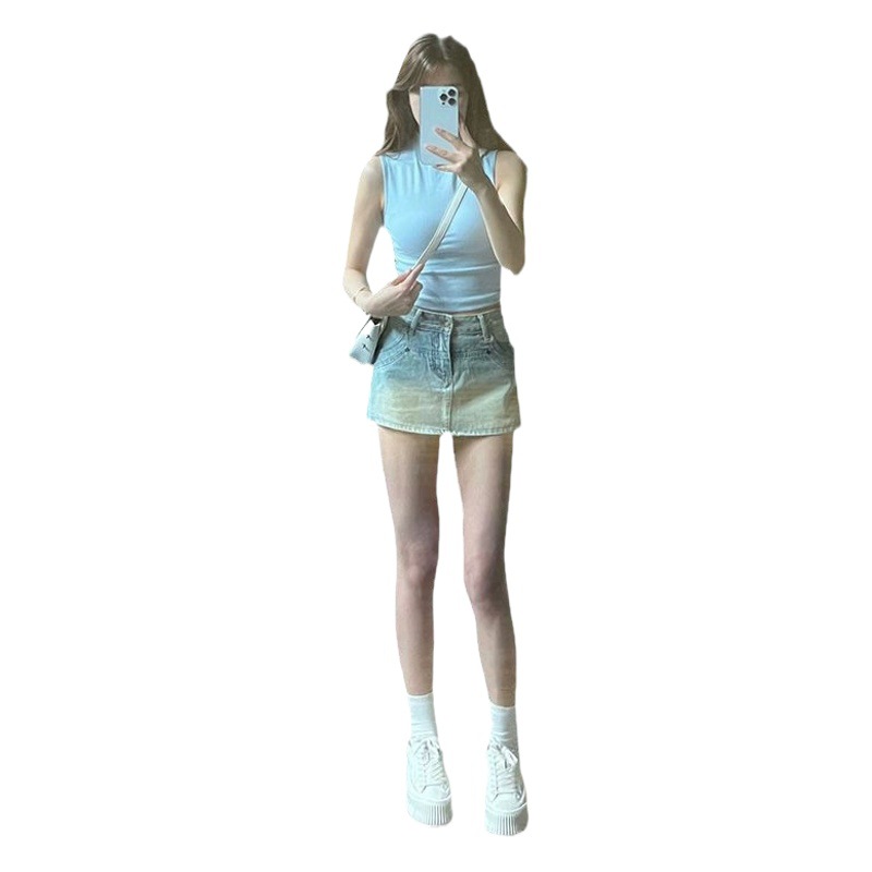Summer hot girl high waist Denim skirt Women's Small retro distressed slimming A- line hip skirt skirt fashion