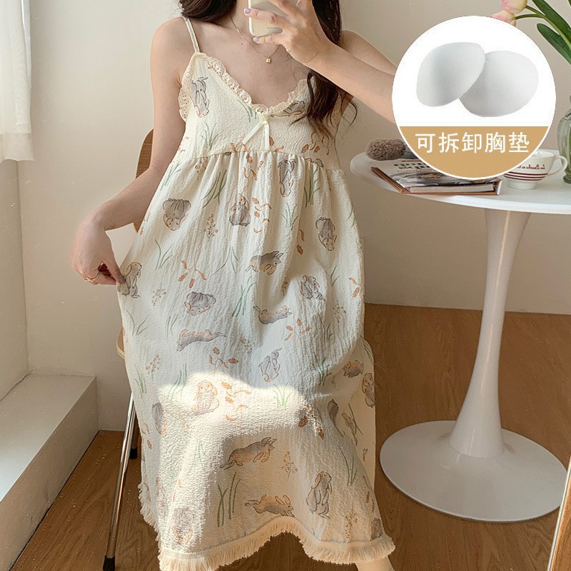 Cross-border pajamas summer pure desire style bubble cotton strap nightdress female sweet cute with chest pad home wear can be worn outside