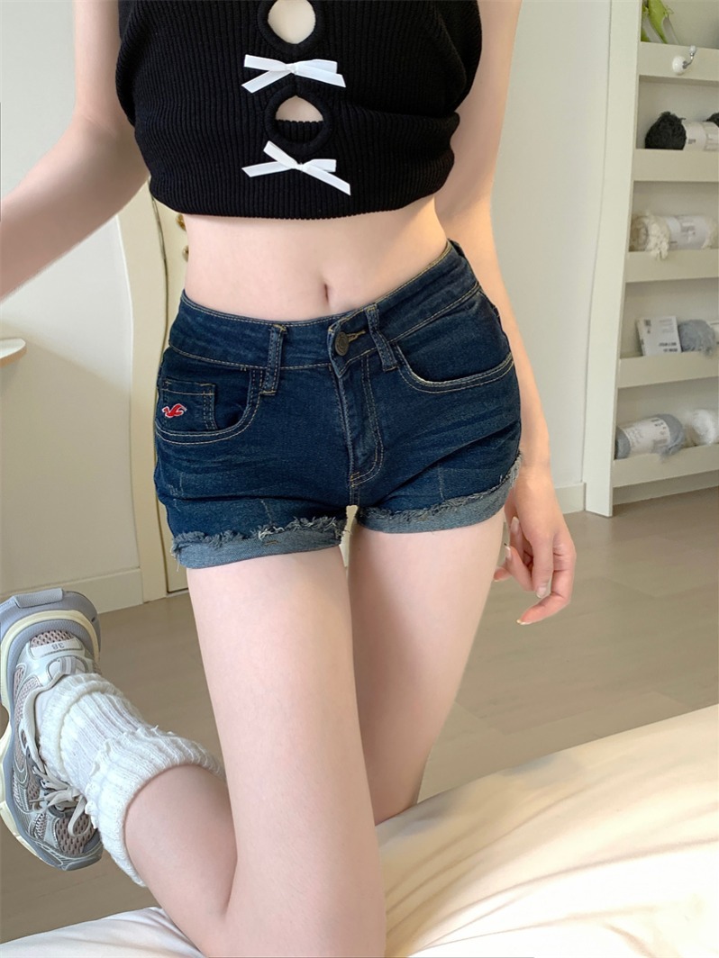 American Style Retro Sweet Hot Girl Roll-up Jeans Women's Summer 2024 New Low Waist Slimming Hip Hot Pants Short Pants