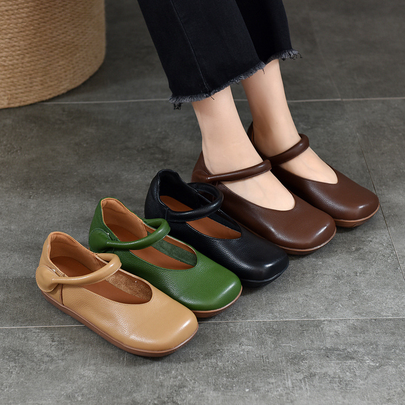 Square-Toe Flat Shoes for Women with Velcro Genuine Leather Soft Soles for All Seasons, Shallow-Mouthed Low-Top Women's Shoes