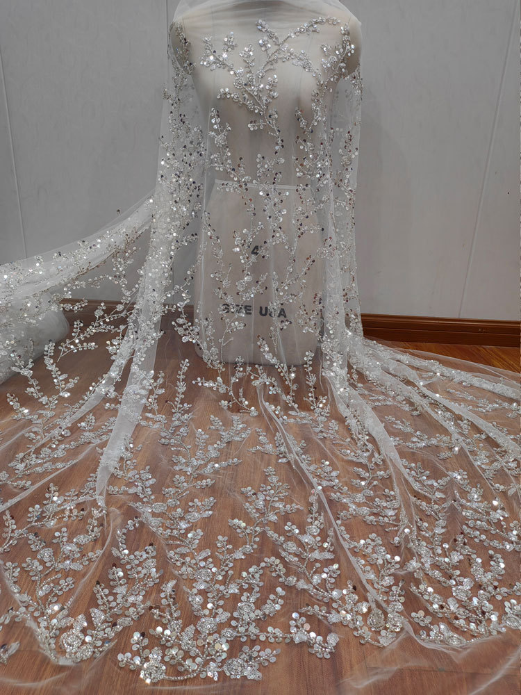 Three-dimensional beaded sequin nail embroidery branch soft lace mesh lace fabric wedding dress DIY decorative accessories