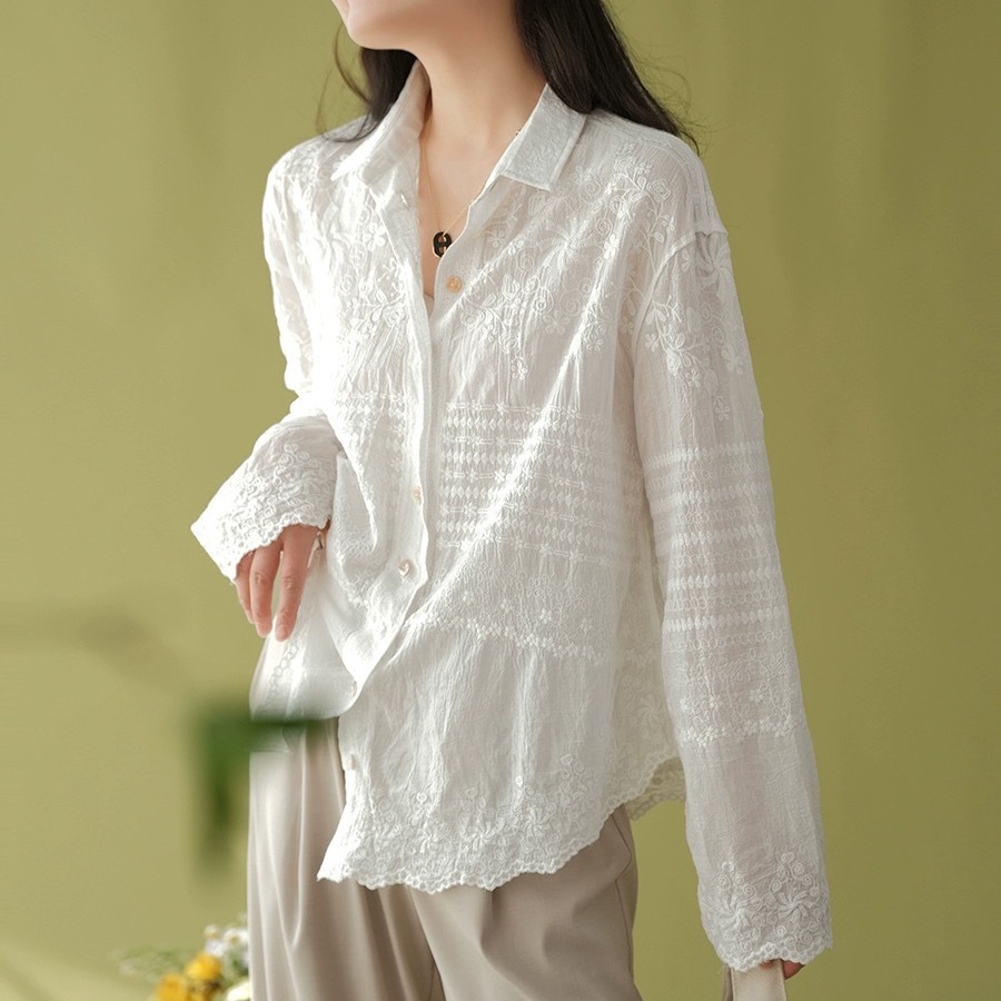 Picture of Spring and Autumn new artistic fresh loose cotton lace embroidered single-breasted Shirt women's casual irregular top