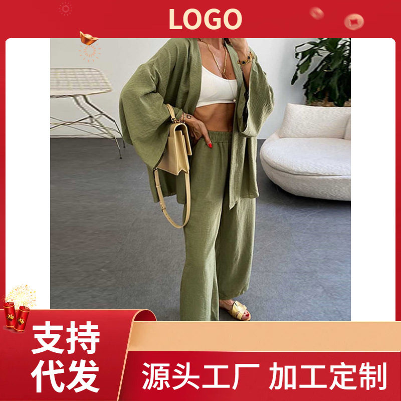 2024 Europe and the United States cross-border Amazon new cotton and linen suit cardigan long sleeve jacket pocket wide leg pants two-piece set