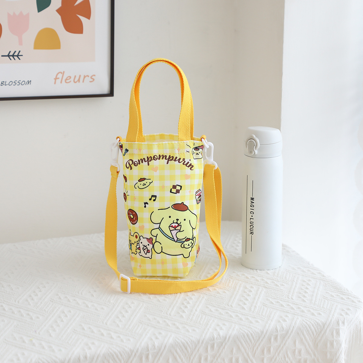 Picture of Japanese Style Cartoon Cute Canvas Water Cup Bag Crossbody Portable Dual-purpose Water Kettle Bag Outgoing Small Cloth Bag Handbag