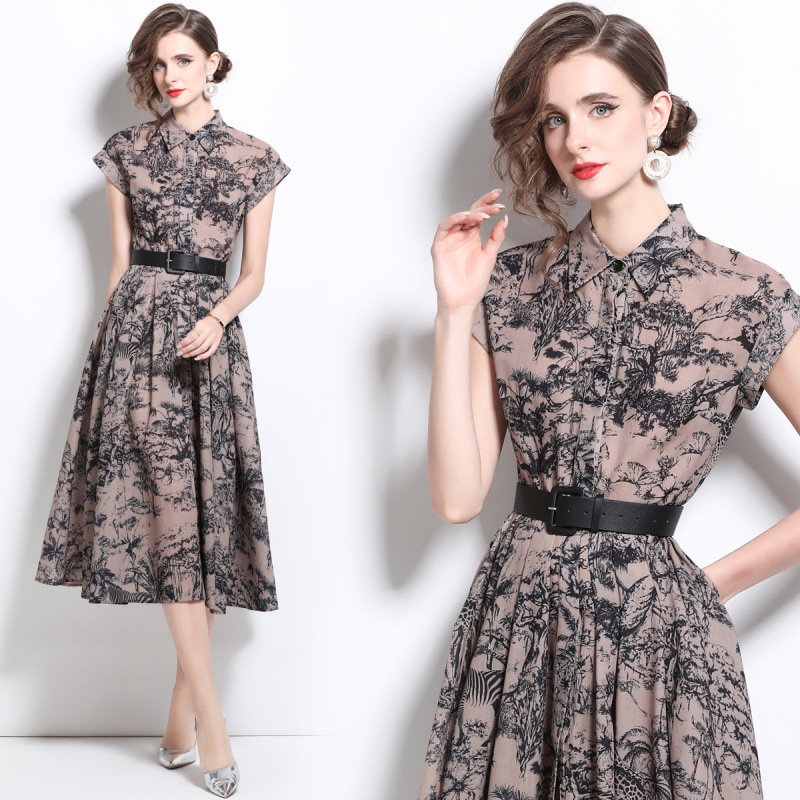 2025 New Summer Polo Collar Shirt Printed Short-Sleeved Mid-Length Skirt Dress