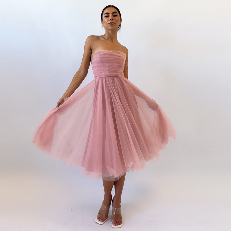 Cross-border New Sleeveless Mesh Fishbone Tube Top Dress Women's Waist A- line Dress Spring Birthday Party Dress