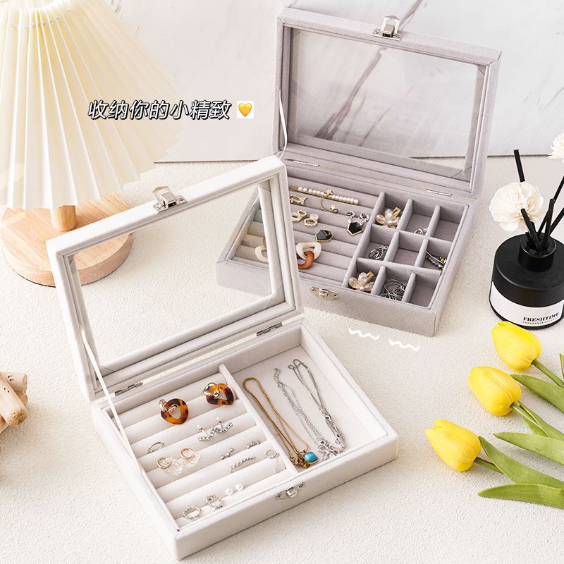 High-grade window flannel jewelry box earrings ring jewelry packaging box portable large capacity jewelry storage box