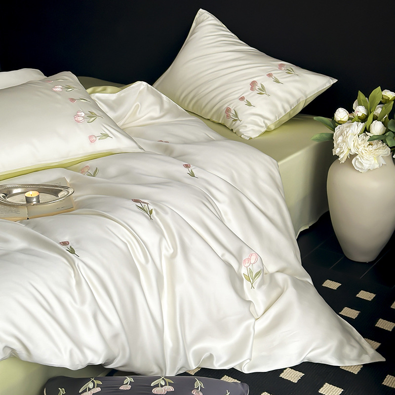 Tulip 80 orchid Tencel four-piece flower embroidery summer cool ice silk naked sleeping bed sheet bed hat 1.8