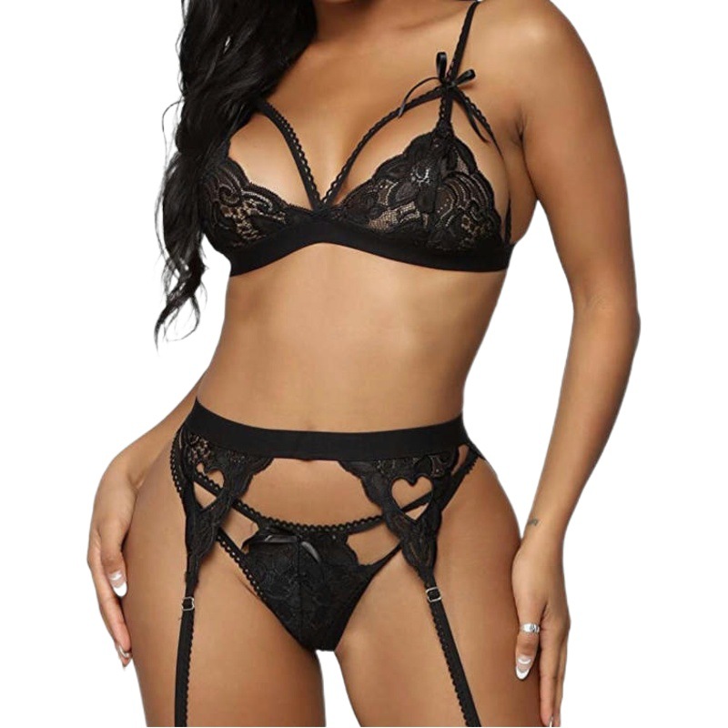 Europe and the United States sexy deep V hip peach heart stockings three-piece set of sexy underwear AliExpress Amazon sexy underwear