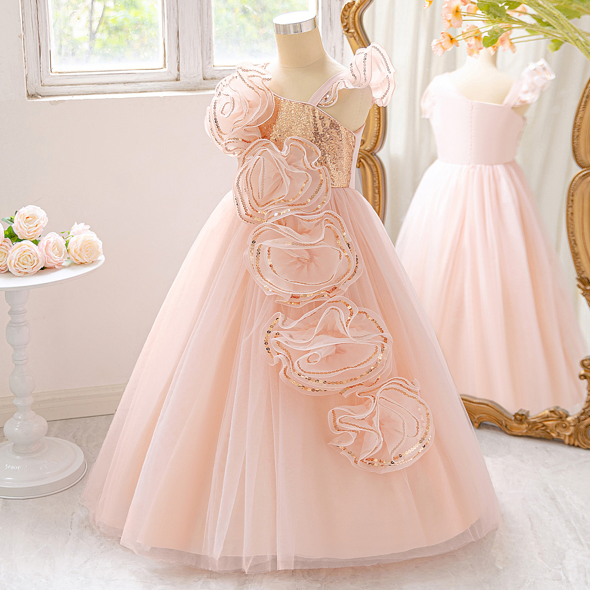 Cross-Border New Big Children's Dress Big Flower Mesh Tutu Skirt Host Dress Slanted Shoulder Sequin Princess Skirt