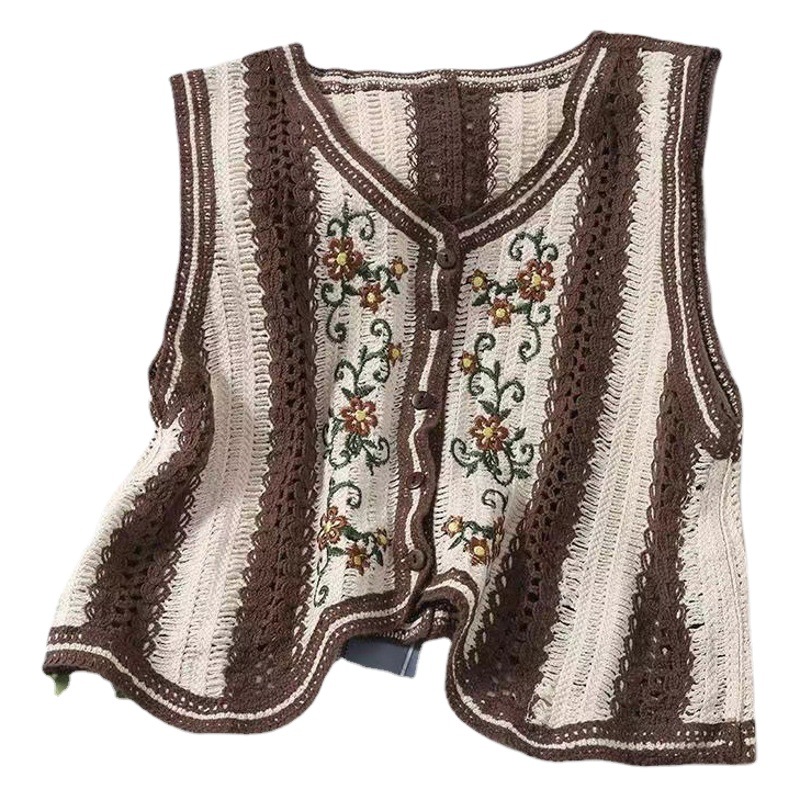 Knitted Vest Cardigan Age-reducing Contrast Color V-neck Waistcoat Fashion All-match Embroidered Slim Look Women's Vest