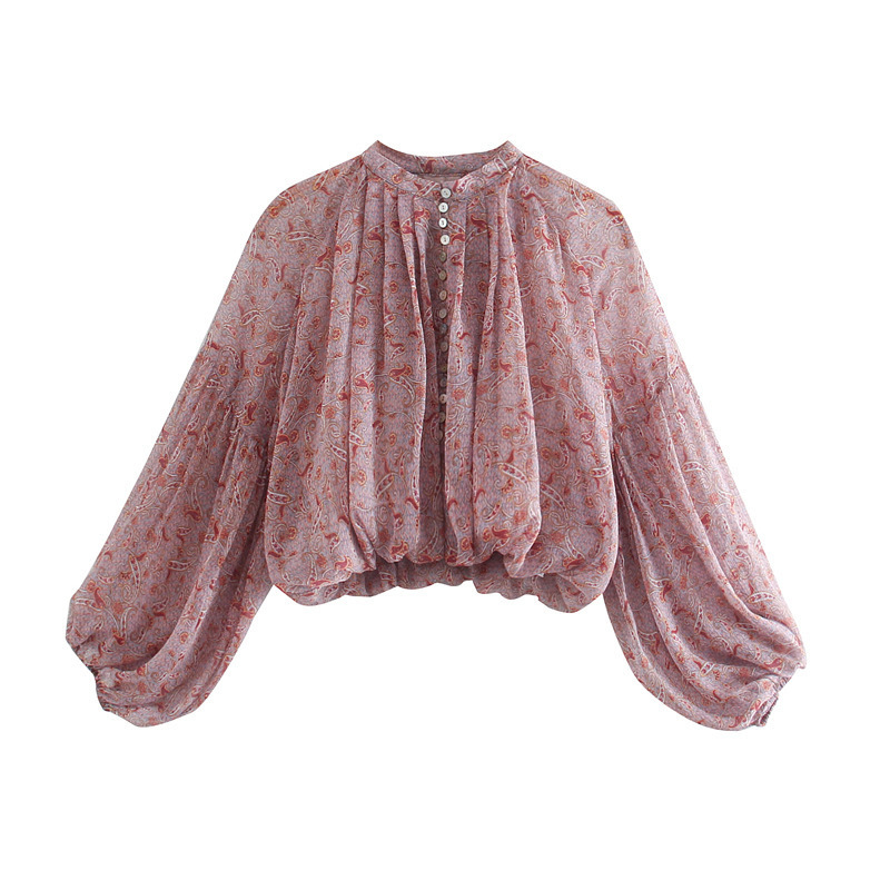 2025 Export Cross-Border European and American Clothing Long-Sleeved Printed Puff Sleeve Shirt 4480