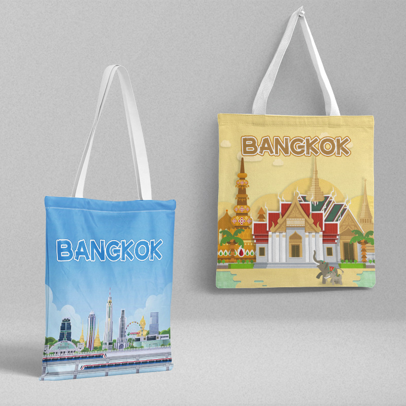 Bangkok Canvas Bag 36x 39cm Thailand City Travel Commemorative Shoulder Bag Handbag Instagram Style Shopping Bag
