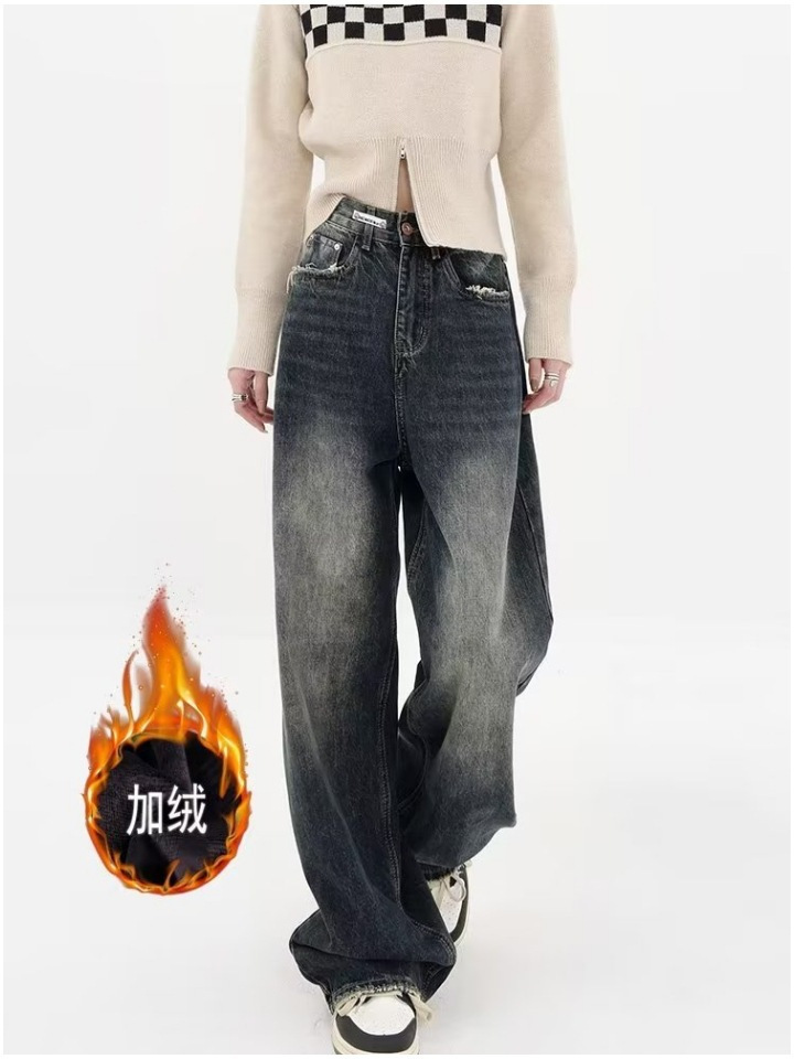 Loose All-match Jeans Women's Autumn and Winter New Arrival fleece-lined Women's Pants Retro Design Sense Wide-leg Pants Skinny Long Trendy Pants